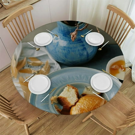 

Round Vinyl Fitted Tablecloth with Flannel Backing Elastic Edged Table Cloth Waterproof Oil-Proof Plastic Table Cover (Green Leaves Fits Table up to Diameter)