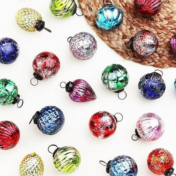 Handmade 2" Multicolor Distressed Glass Christmas Ornaments Vintage Retro Baubles Holiday Tree Hanging Decoration Set 12 Pieces