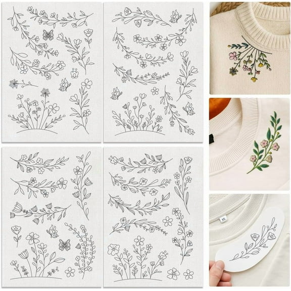 29Pcs Flower Vine Embroidery Pattern Stabilizer 8.3"x11.7" Wildflowers Soluble Stick and Stitch Embroidery Sticker 4 Sheets Floral Border Water Hand Sewing DIY Embroidery Paper
