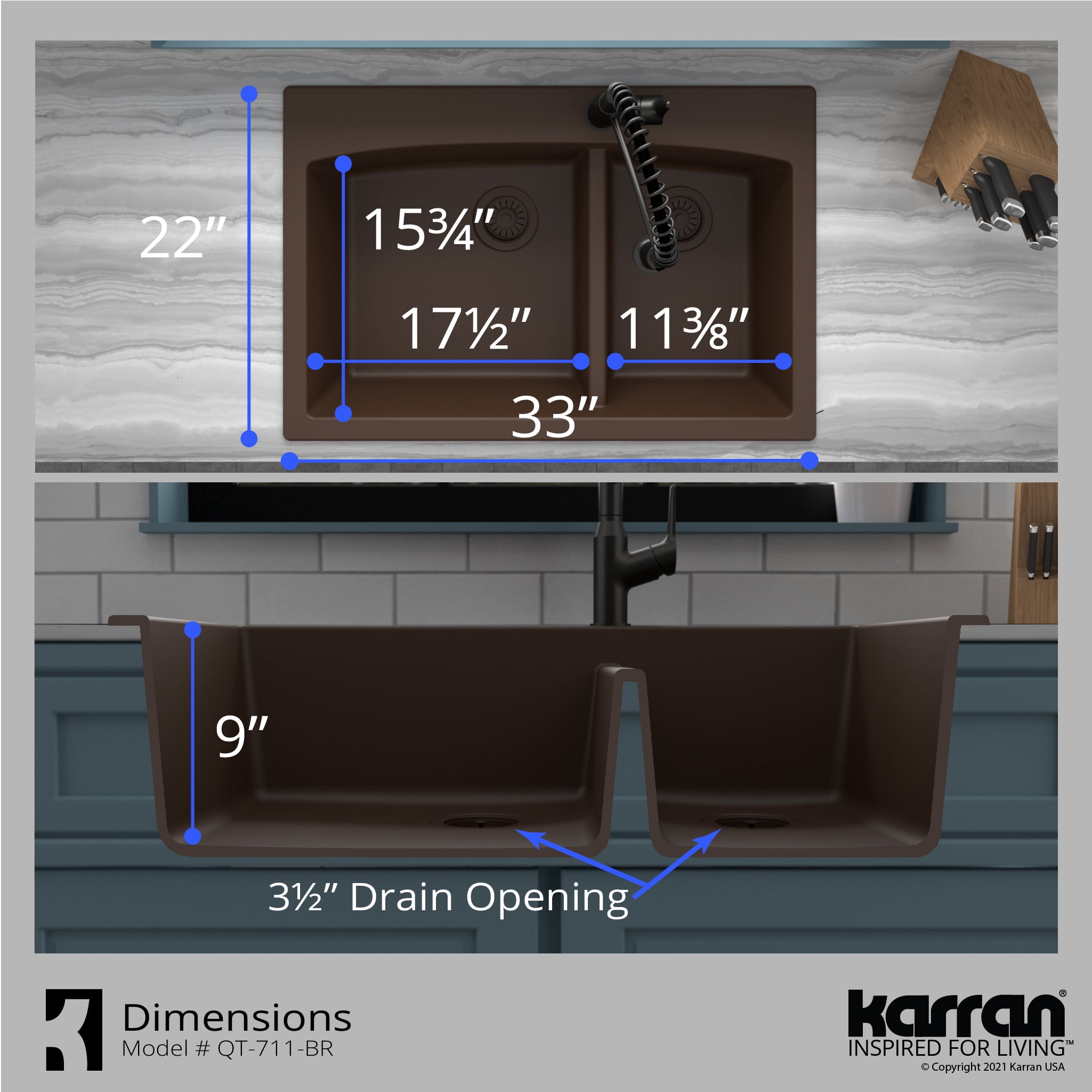 Karran QT-711 Drop-In Brown Quartz Composite 33 in. 1-Hole 60/40 Double Bowl Kitchen Sink
