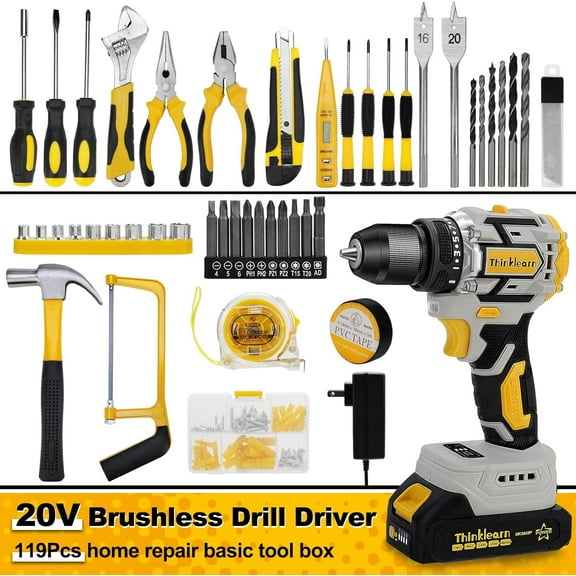 20V Brushless Drill Set, Cordless Power Drill with 2.0Ah Battery,119 PCS Combo Tool Kit for Men, 10mm 3/8" Keyless Chuck, 21 1 Torque Setting Power Tool Set for  Garden House Office Repair