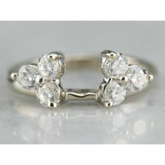 Round CZ Ring Guard Enhancer, Simulated Diamond, 925 Silver Rhodium Plated, Wrap