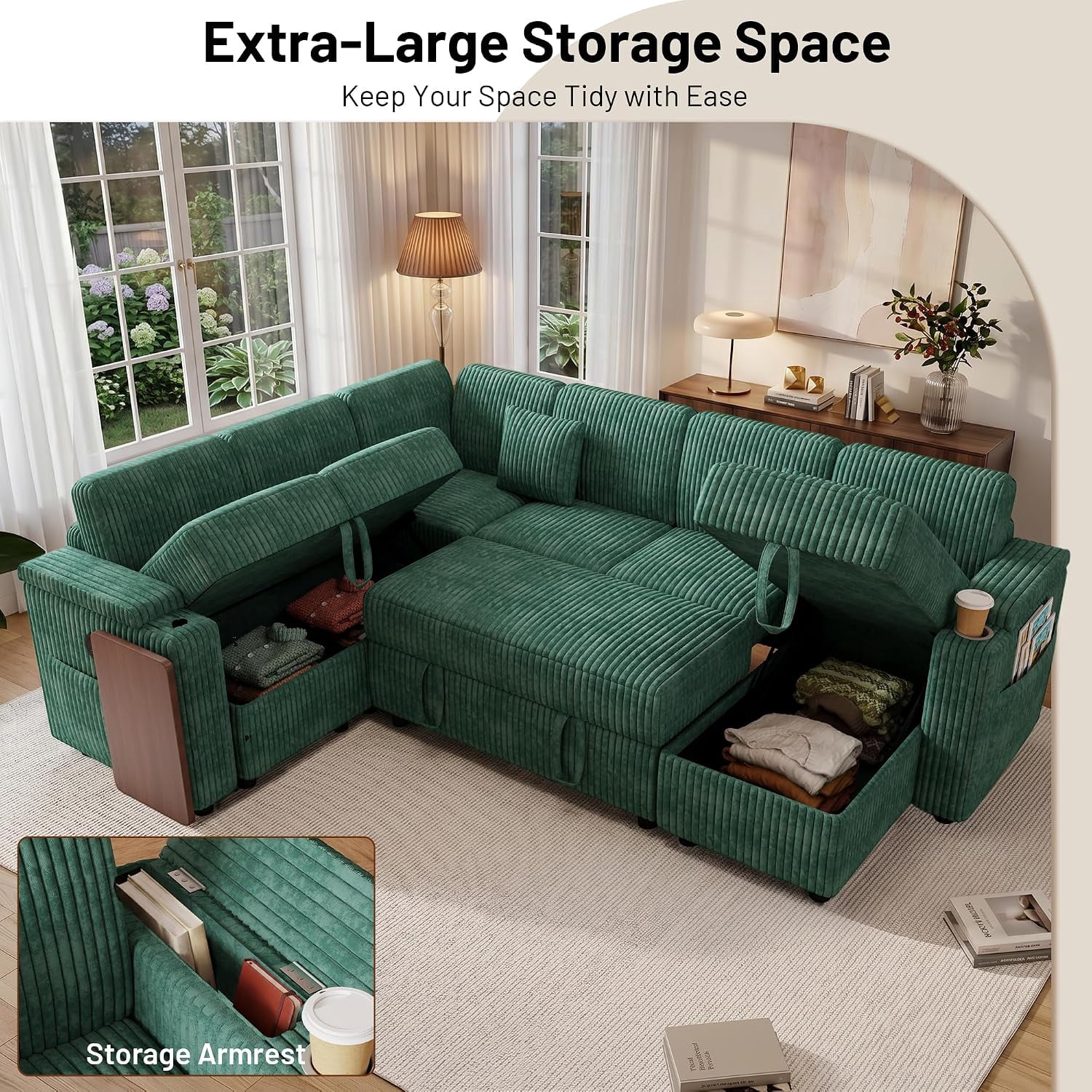 100 Inch U Shaped Pull Out Sofa Bed, Soft Corduroy Sleeper Sofa with USB Ports, Cup Holder, Table Board and Storage