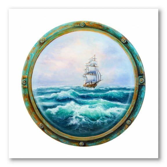 Designart ' Ship In Stormy Ocean Through Cabin Window ' Nautical & Coastal Canvas Wall Art Print