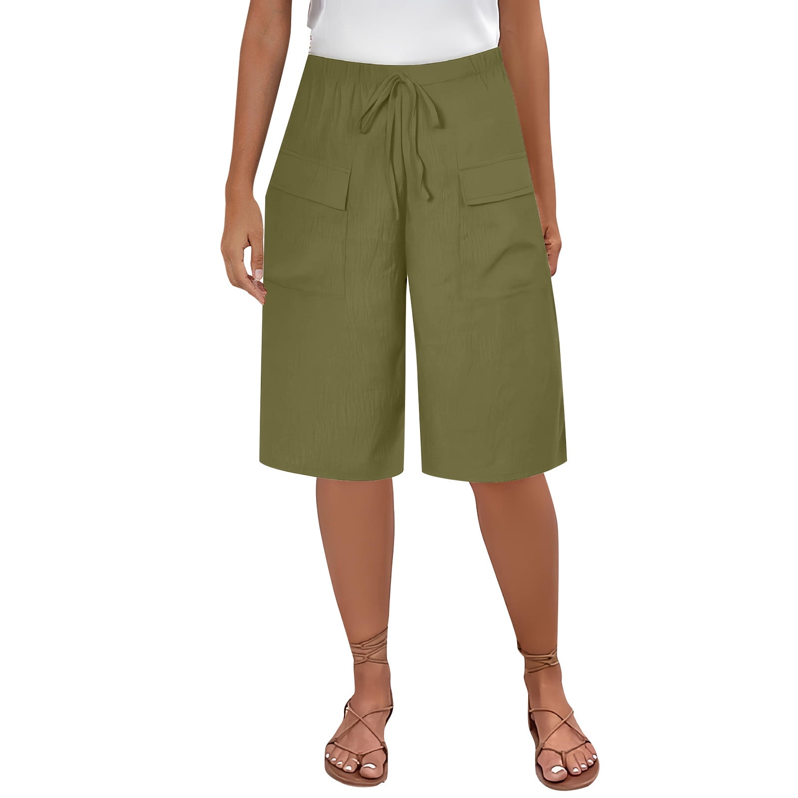 Xysaqa Women's Casual Twill Bermuda Cargo Shorts Summer Knee