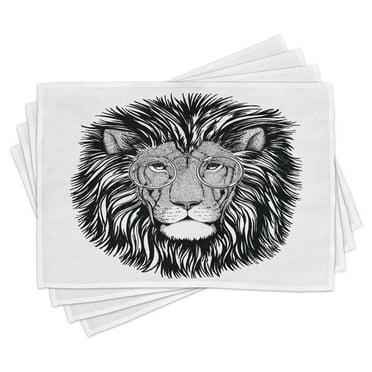 Ambesonne Indie Place Mats Set of 4, Wild Hipster Lion Glasses, Standard Size, Black and White