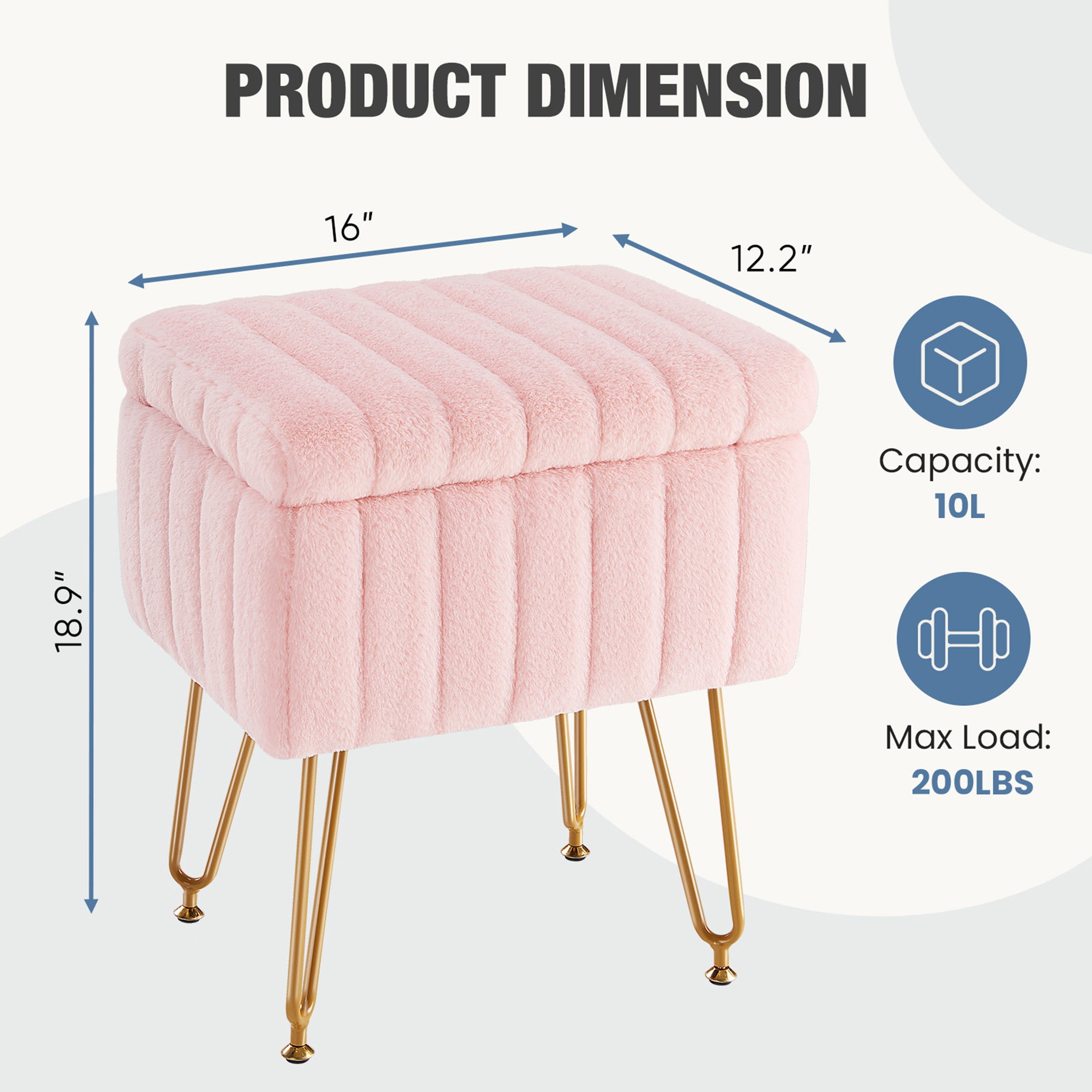 CONCETTA Footstools Ottoman Storage Bench, Vanity Faux Fur Padded Chair with Storage and Adjustable Feet for Makeup Bedroom Entryway, Pink