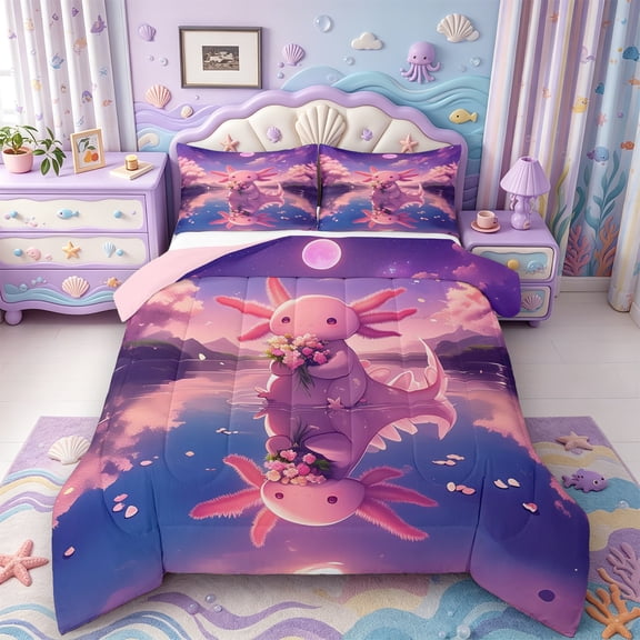 Manfei 3D Print Axolotl Full Size Comforter Sets,Colorful Salamander Bedding Comforter Set,Pink Reversible,3-Piece,1 Comforter and 2 Pillowcases