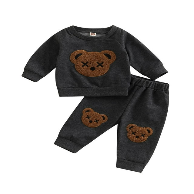 EIMELI Baby Sets Long Sleeve O Neck Bear Embroidery Tops Elastic Band Pants