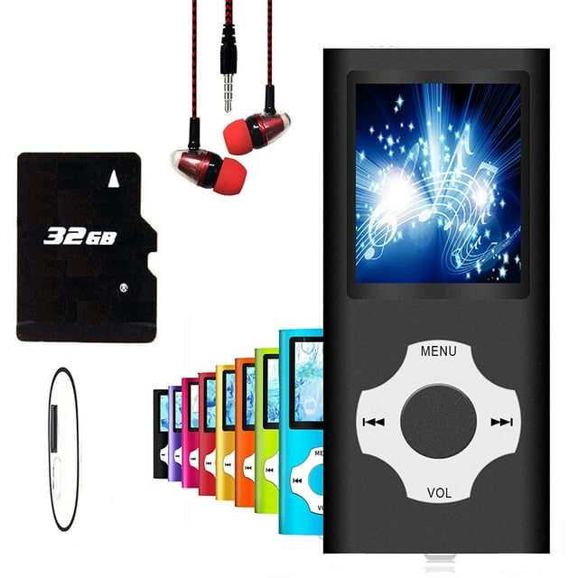MP3 Player / MP4 Player, Hotechs MP3 Music Player with 8GB Memory SD Card, featuring a slim and classic design with a 1.82-inch LCD screen. Includes a 32GB SD card, red in-ear headphones, and a USB cable. The player supports MP3 music, FM radio, voice recording, e-books in TXT format, photo viewing, and AMV video playback. Available in multiple vibrant colors, including black, blue, green, orange, pink, purple, red, and yellow. Designed for portability and long battery life, ideal for entertainment, study, and fitness.