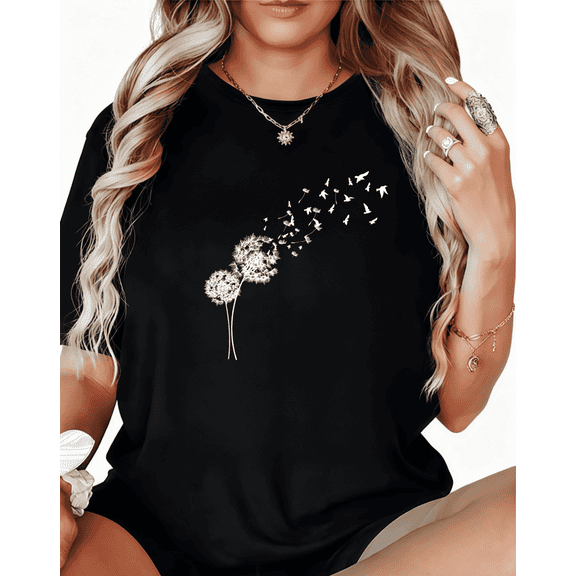 Women's Black Oversized Print Tshirt Graphic Tees Shirts with Elegant White Dandelion Seed Graphic Perfect for Spring Outdoor Daily Wear Comfortable Loose Fit Tops S-5XL