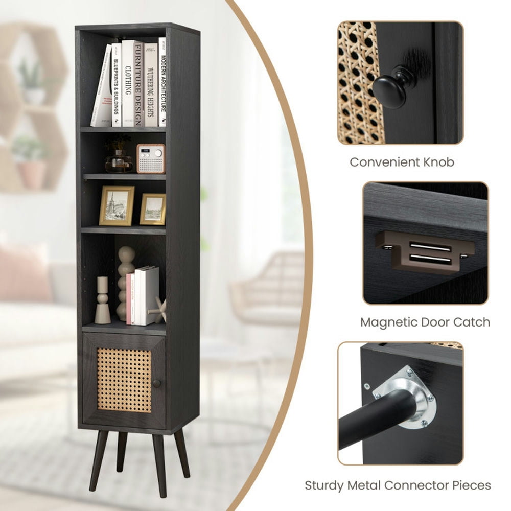 Finihen Storage Cabinet, 4 Tiers Rattan Storage Cabinet with Slim Design, for Living Room, Bedroom, Entryway, Black