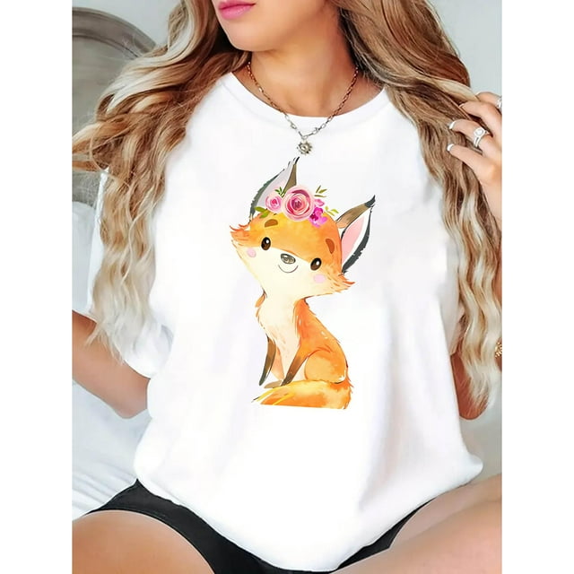 Camiseta informal de cuello redondo para mujer con estampado floral de zorro, tejido de punto de algodón, elasticidad media, manga corta para todo el año, con estampado animal, ideal para tiempo libre