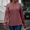 thumbnail image 5 of Women Round Neck T Shirt Lantern Long Sleeves Shirred Cuff Loose Fitting Casual Blouses Wine Red L, 5 of 6