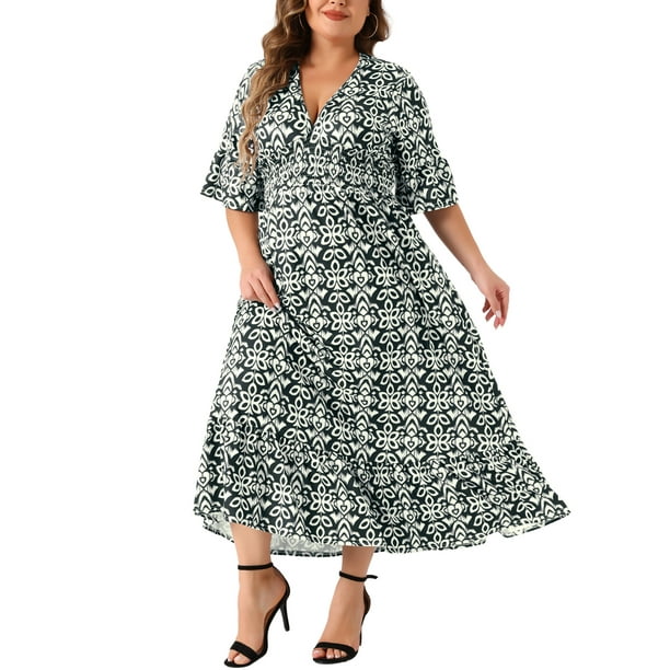 Vestido largo A línea bohemio de media manga en V para mujer plus size Agnes Orinda 2X negro