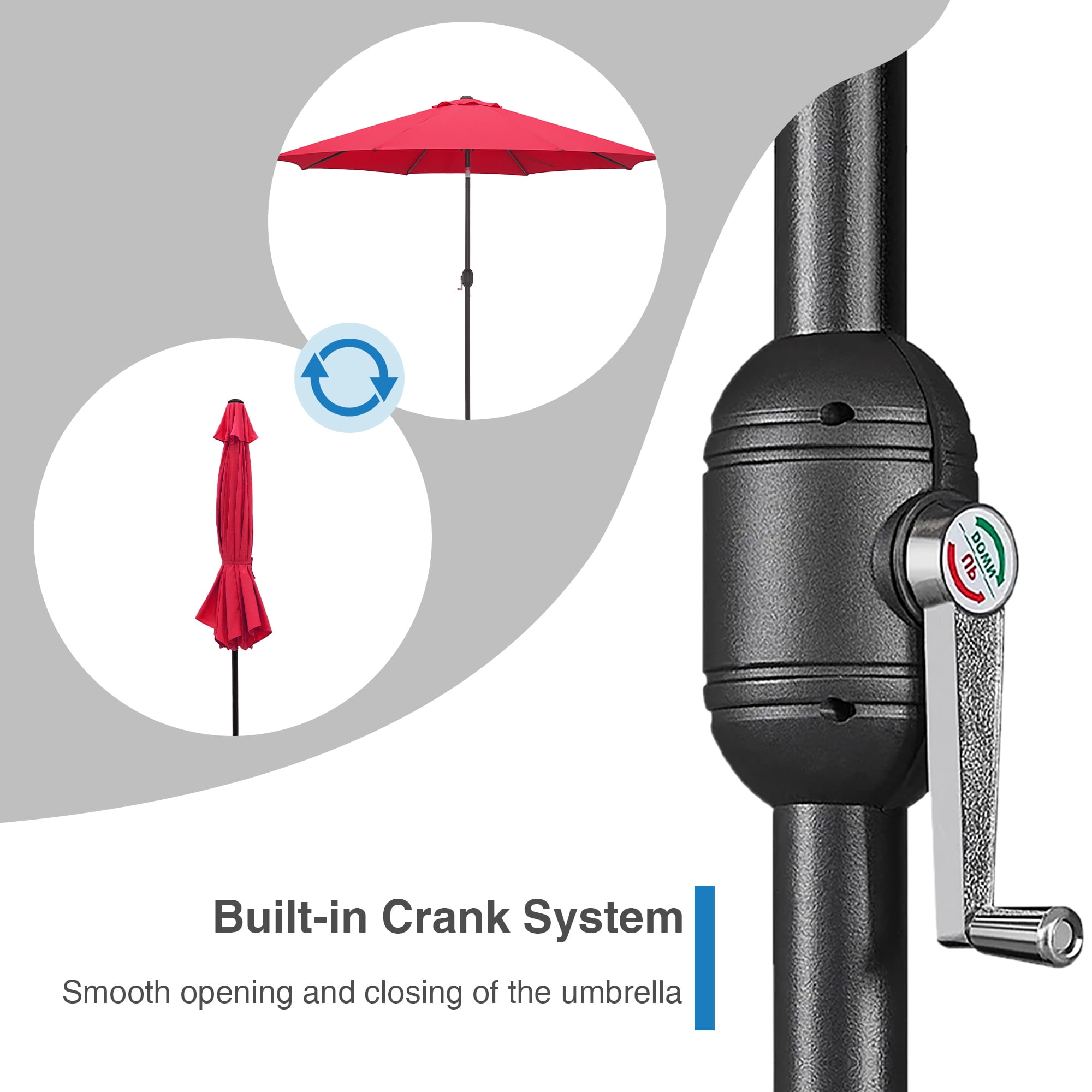 Kool 10FT Outdoor Patio Umbrella with Push Button Tilt and Crank Handle, Market Umbrella with 8 Sturdy Umbrella Ribs, Red
