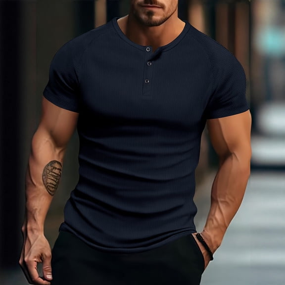 Kalauyu Men's Ribbed Henley Shirt Short Sleeve Slim Fit Muscle Shirt Fitted Cotton Casual Summer Tee