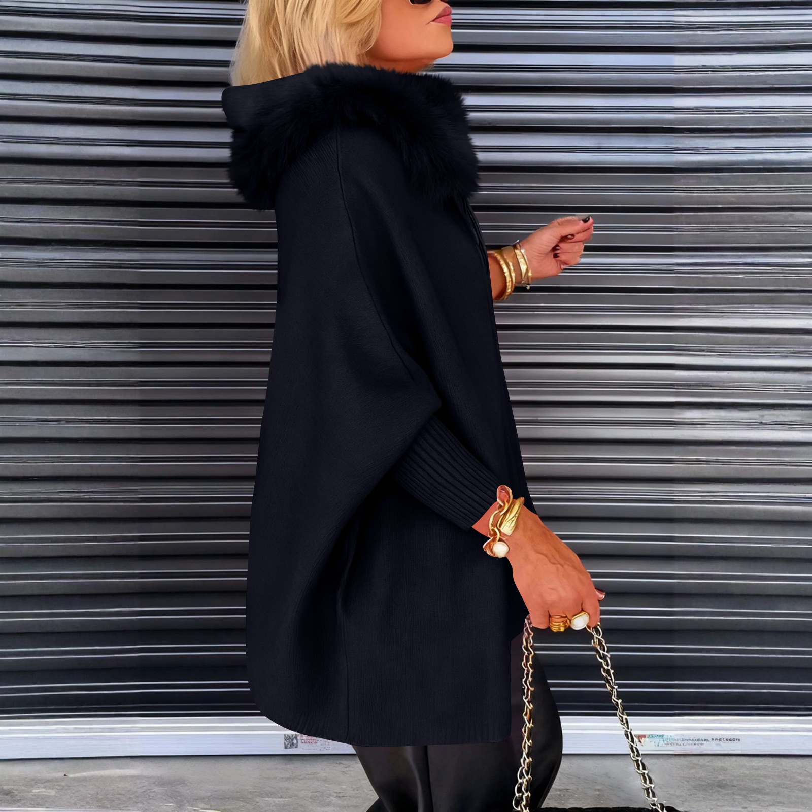 Women's Full Zip Up Hoodie Long Sleeve with Faux Fur Hooded Sweatshirts Front Pockets Jacket Loose Fit Coat for Women Black XL