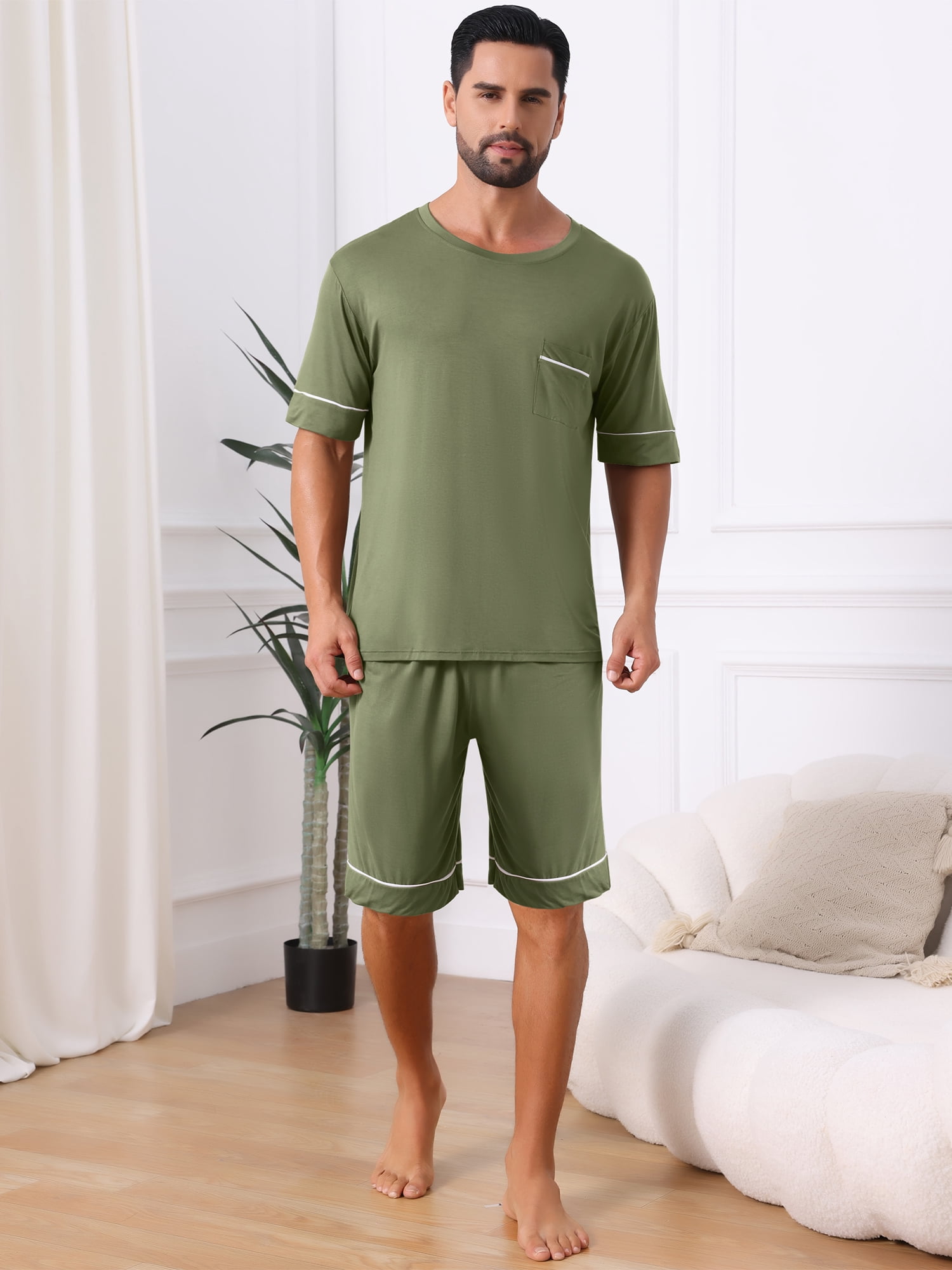 DARING DIVA Men's Soft Nightwear Summer Crew Neck Pajama Set with Pockets S Olive Green