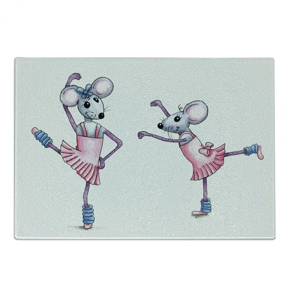 Retro Cutting Board, Watercolor Style Illustration Dancing Ballerina Mice with Pink in Pink Dresses, Decorative Tempered Glass Cutting and Serving Board, Small Size, Multicolor, by Ambesonne