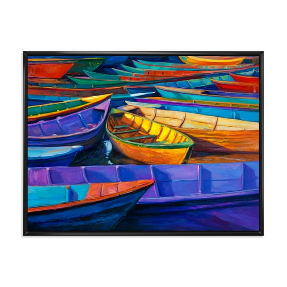 Designart 'Boats During Warm Sunset Resting On The Water II' Nautical & Coastal Framed Canvas Wall Art Print
