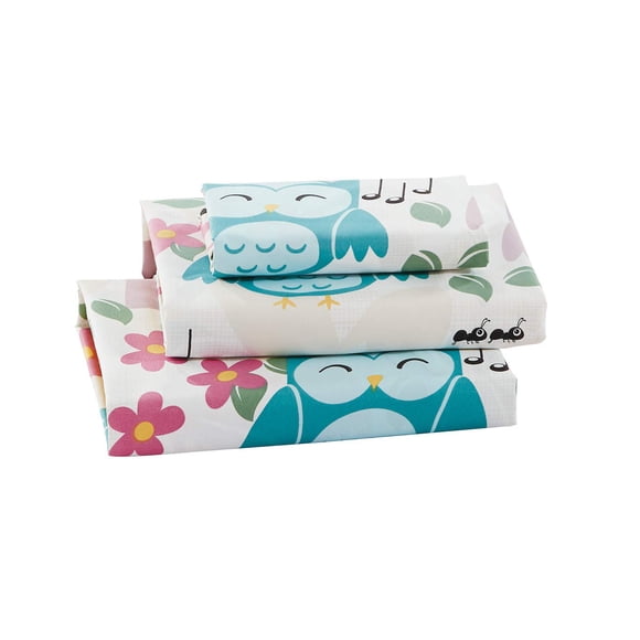Ensemble de Draps pour Filles/adolescentes Hiboux Multicolores Aqua Rose Violet Chantant Hiboux Cœurs Fleurs Feuilles Nouveau Hiboux (Full)