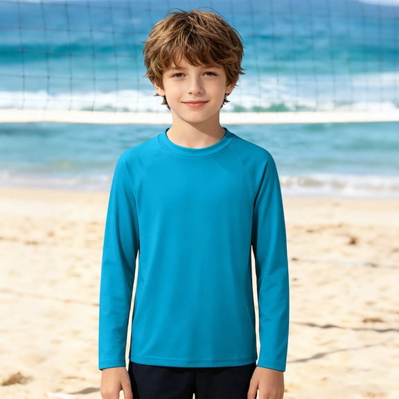 Boys Solid Color Long Sleeve Raglan Rash Guard Top Round Neck Quick Dry Beach Swim Shirt Summer Size 7-8Y