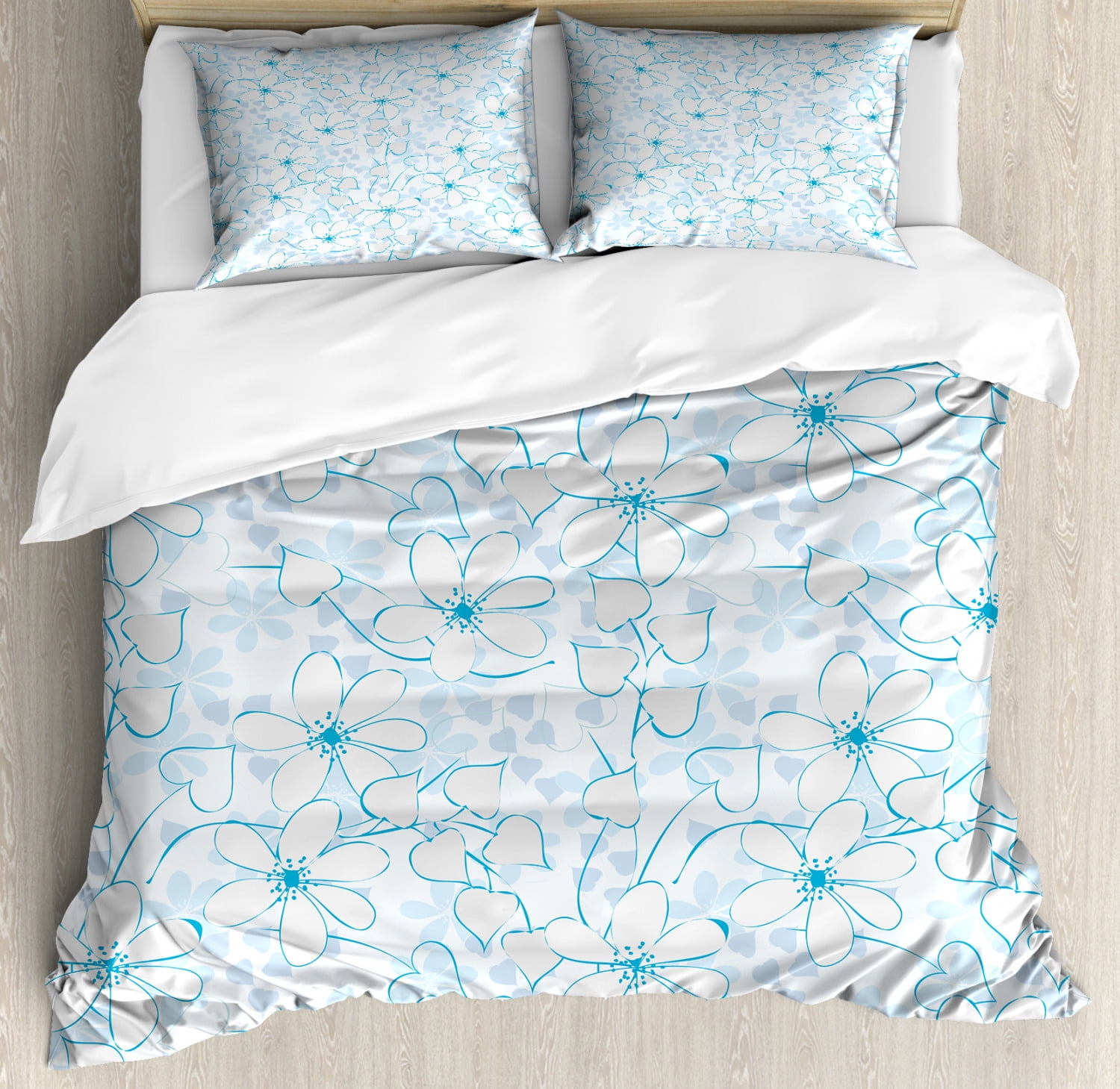 Blue Duvet Cover Set, Abstract Flowers with Heart Shaped Leaves