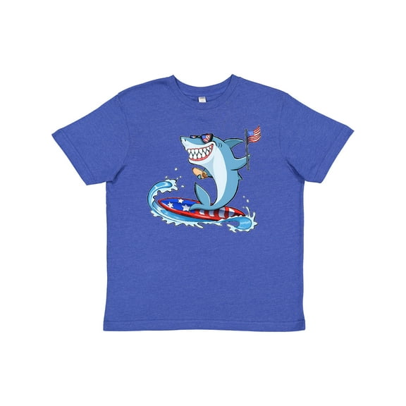 Inktastic Fourth of July Shark Surfing Youth T-Shirt