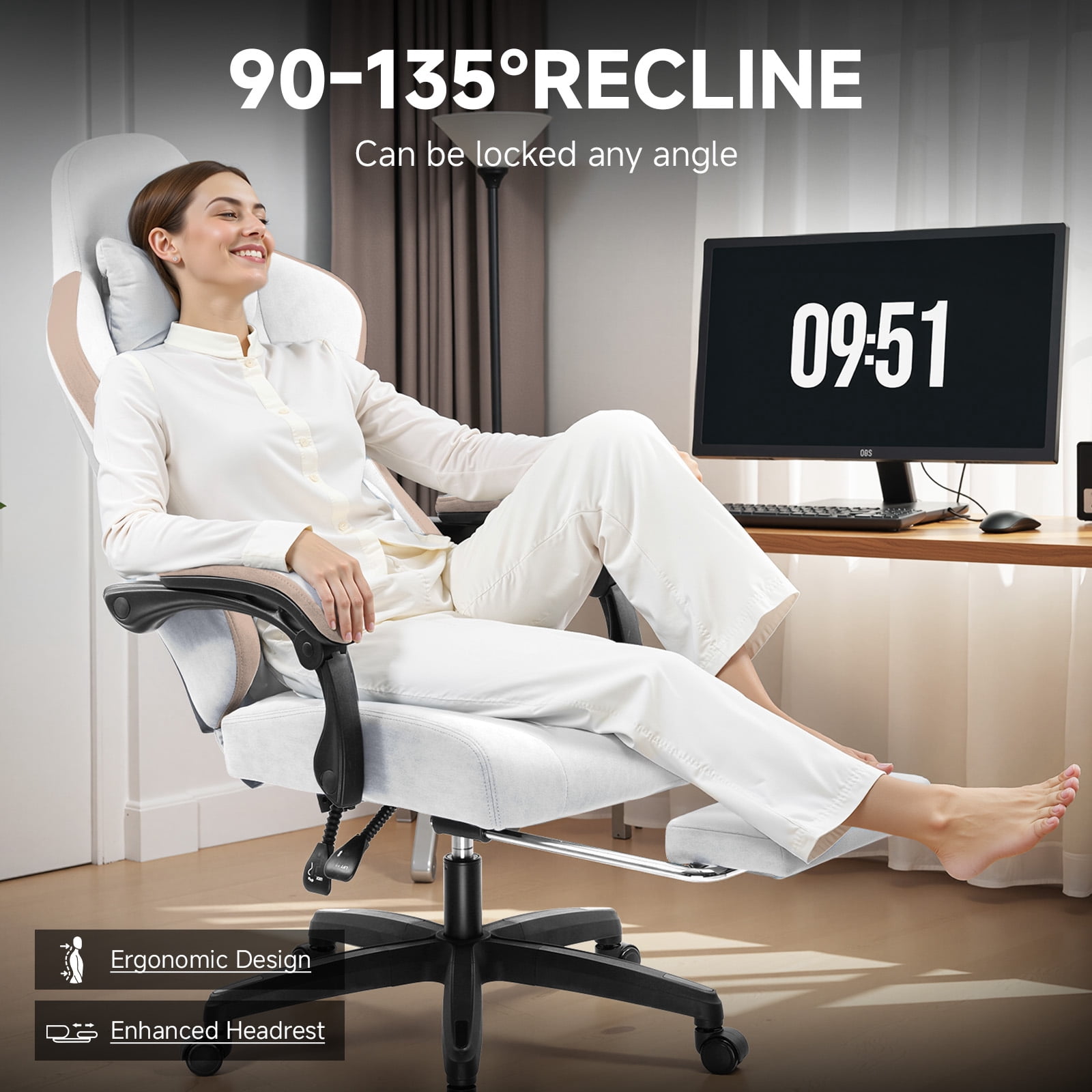 GTPLAYER Ergonomic High Back Pocket Spring Cushion Gaming Chair with Footrest & Linkage Armrests, Ivory