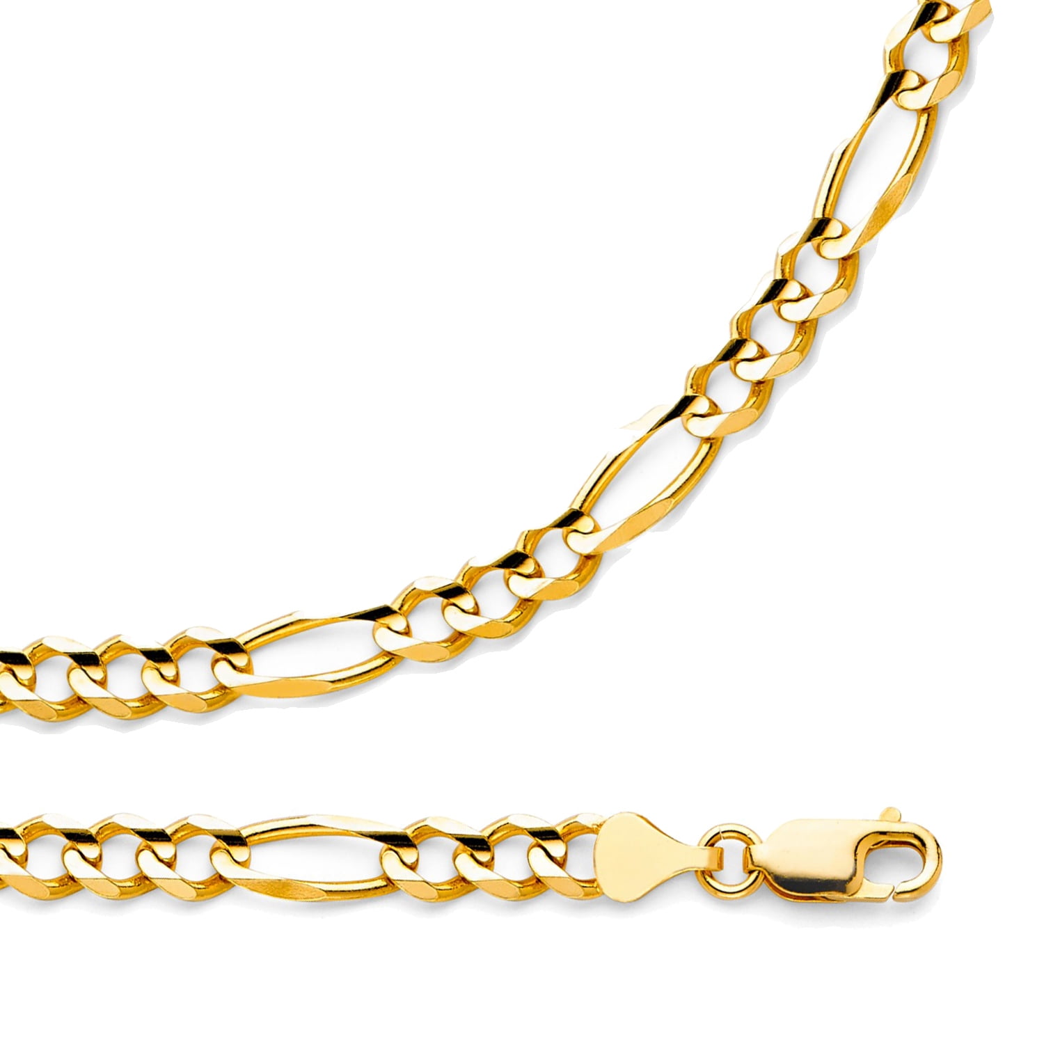 Figaro Chain Solid 14k Yellow Gold Necklace Concave 3 + 1 Link Polished