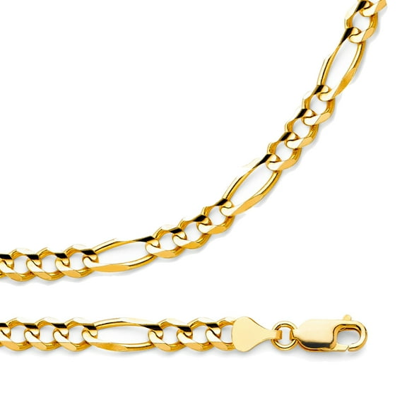 Solid 14k Yellow Gold Necklace Figaro Chain Concave 3   1 Link Polished Style Genuine, 6 mm - 20,22,24,26 inch