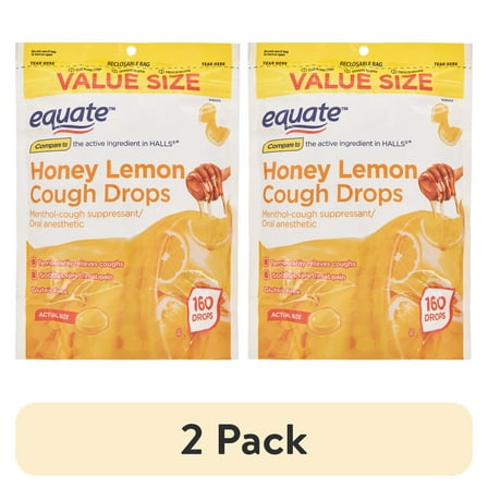 (2 pack) Equate Sore Throat and Cough Relief Menthol Cough Drops, Honey Lemon Flavor, 160 Count