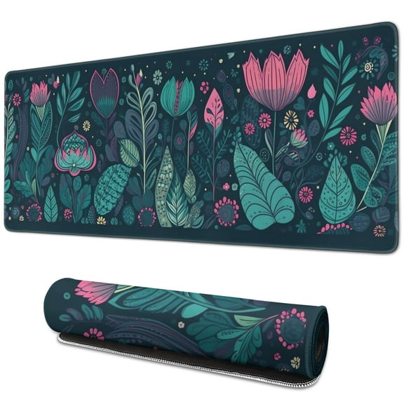 Floral Mouse Mat, Flower Black Base Gaming Mouse Pad, Rectangle Large Non-Slip Rubber Gaming Mouse Pad with Stitched Edges, Office Mouse Pad for Women Men Kids, 31.5x11.8in