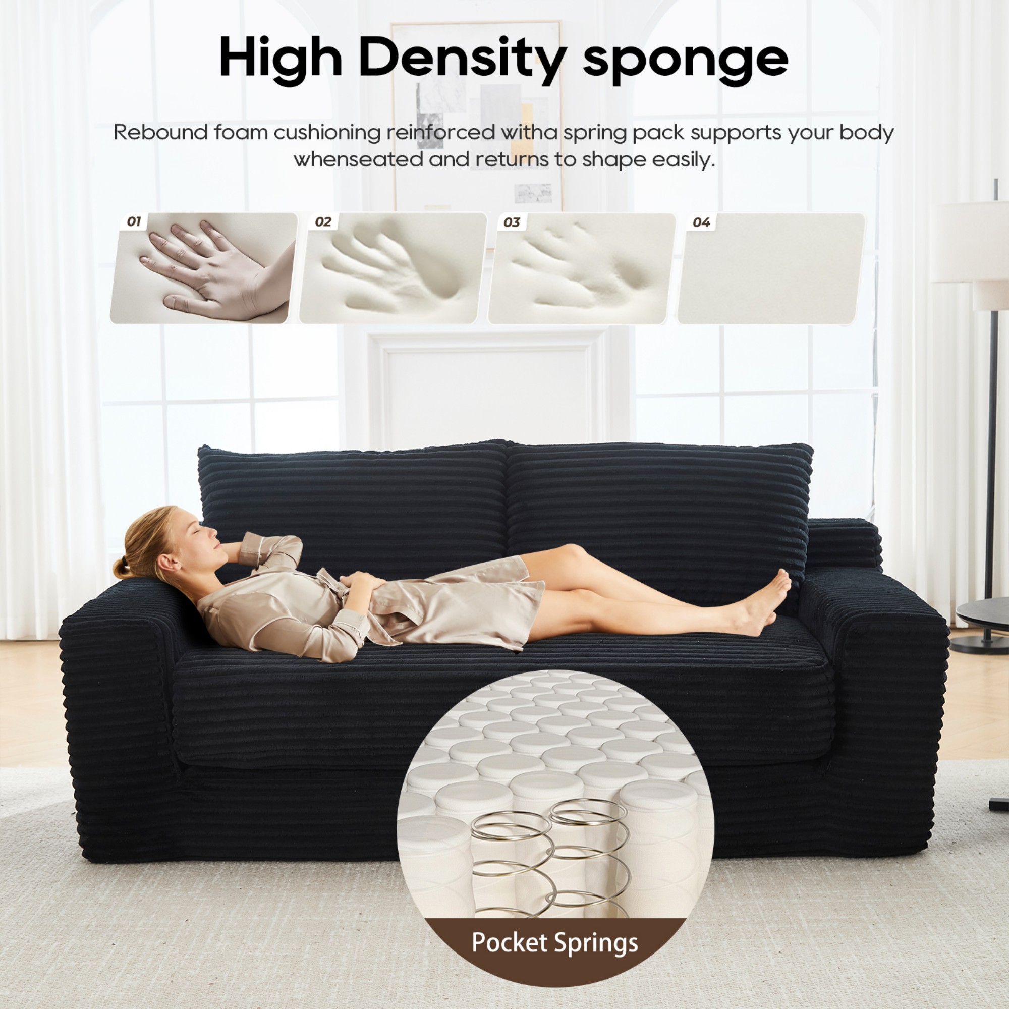 Convertible Sofa Bed,Compression Sofa,Corduroy Fabric Loveseat Sofa Floor Sofa Bed for Small Spaces, Apartments,No Assembly,Black