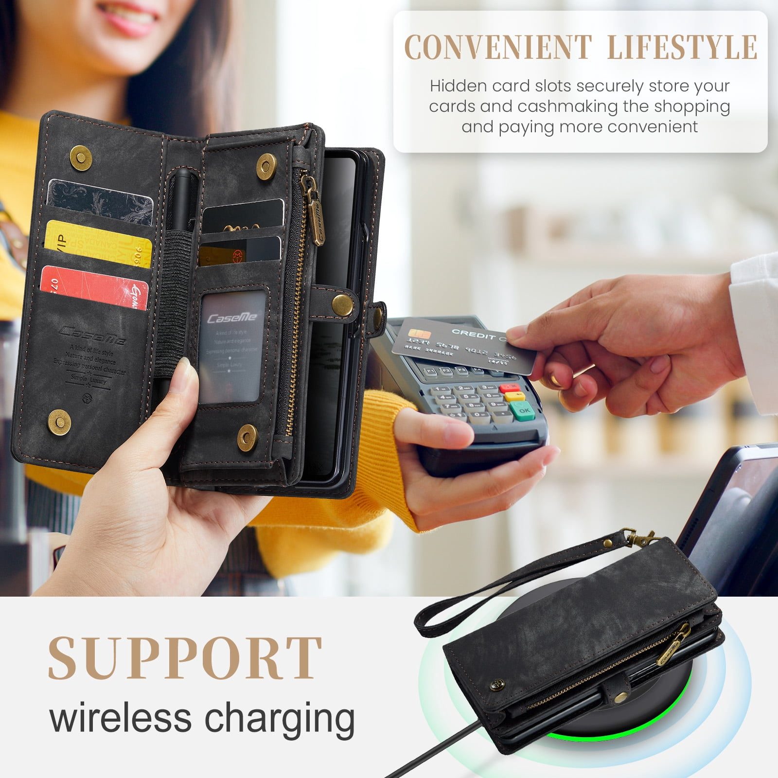 Feishell Durable 2- In-1 Magnetic Detachable Wallet Case for Samsung Galaxy Z Fold 7,for Women Men,Premium PU Leather Zipper Pocket Flip Multi Card Slots Purse Phone Case with Wrist Strap,Black