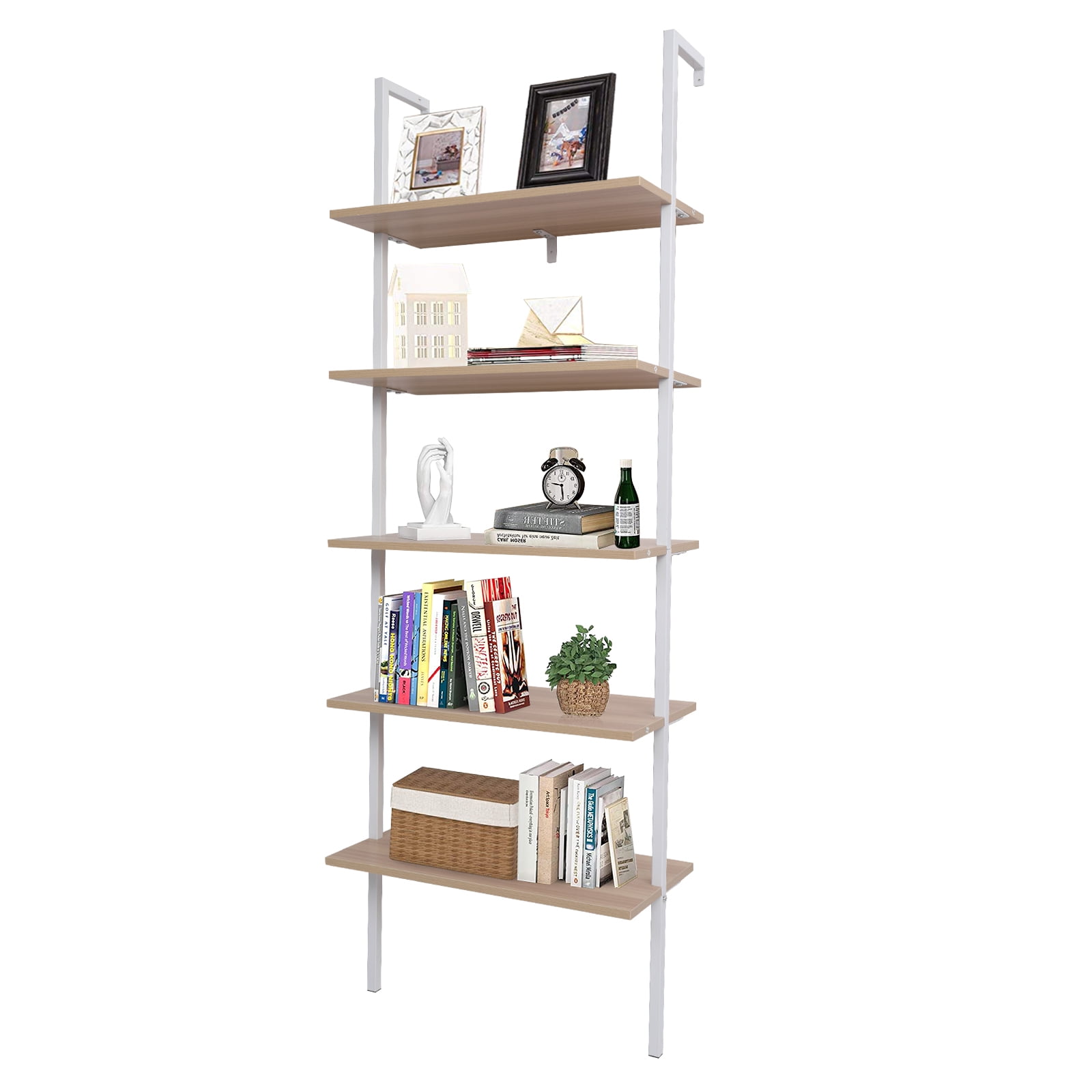 5-Shelf Wood Ladder Bookcase with Metal Frame, Industrial 5-Tier Modern Ladder Shelf Wood Shelves, For Living Room, Bedroom & Office​ Walnut