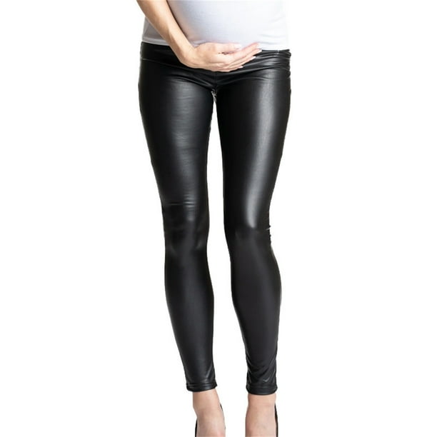 ShomPort Maternity Leather Leggings Over The Belly High Waisted Stretchy Maternity Yoga Pants Comfy Pants Tights