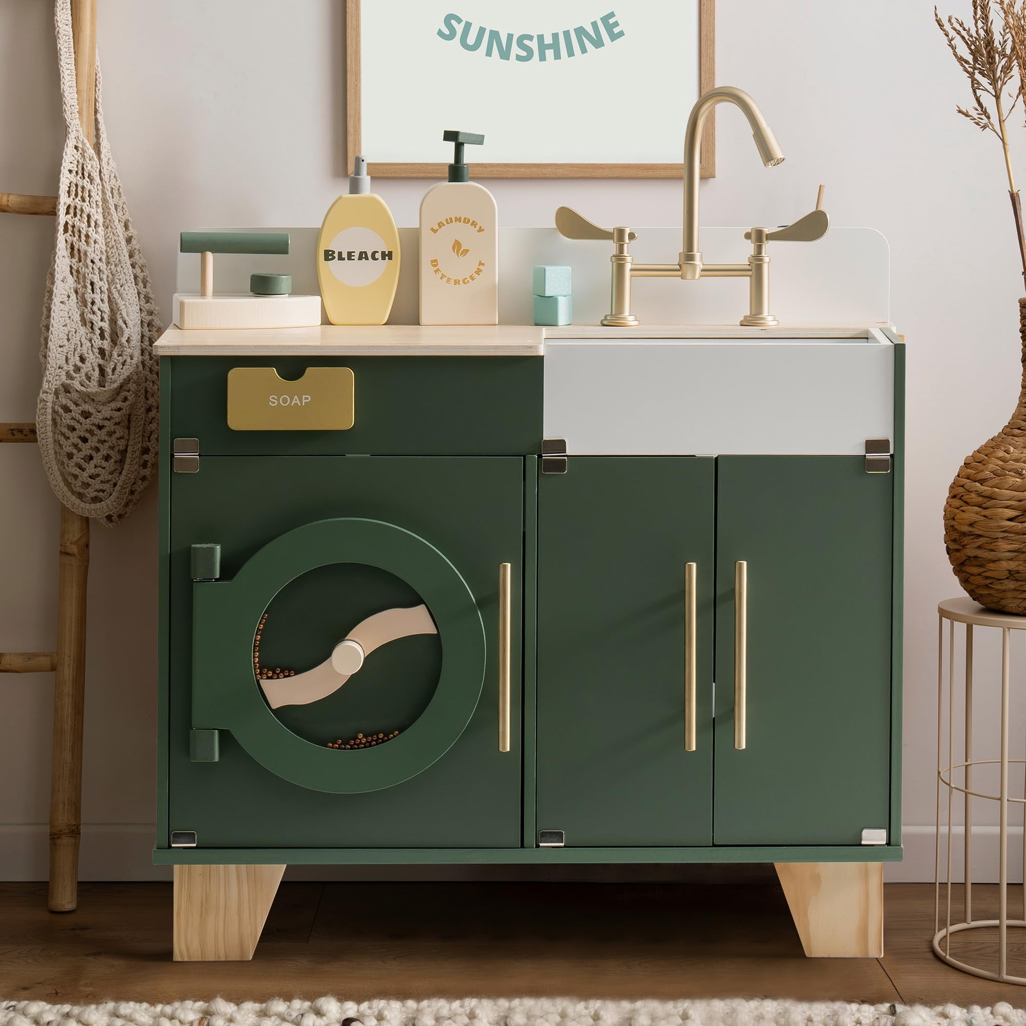 Robotime Wooden Play Kitchen Set Toy Washing Machine Washer and Dryer for Playset Pretend Play for Kids Boys Girls Age 3+,Vintage Green