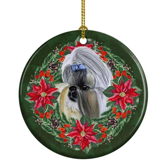 Shih Tzu Poinsetta Wreath Ceramic Ornament 2.8 in x 2.8 in