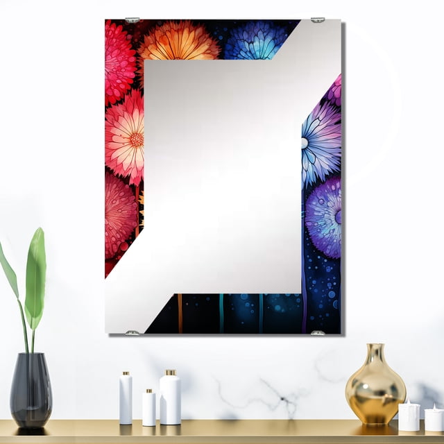 Designart "Colorful Floral Fireworks Display" Abstract Collages Oversized Wall Mirror - Modern Abstract Bathroom Wall Mirror Decor - Multiple Color Options