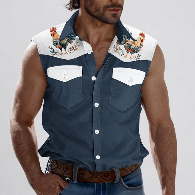 Camiseta sin mangas con cuello vuelto para hombre, estilo informal, a la moda, con estampado, cuello vuelto, sin mangas, bolsillos, deportiva, de poliéster