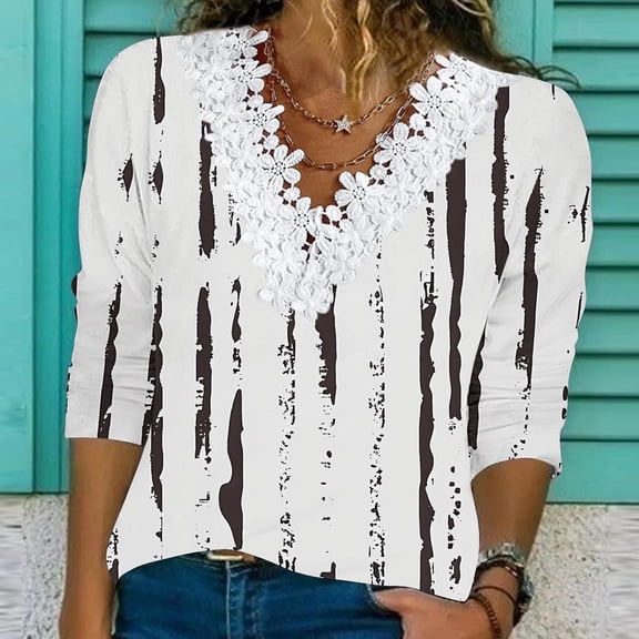 OKSALE Lace V Neck Shirts for Women Cute Tie Dye Graphic Tee Shirt Cozy Long Sleeve Blouses Business Office Top Soft Lightweight Boho Tops 2025