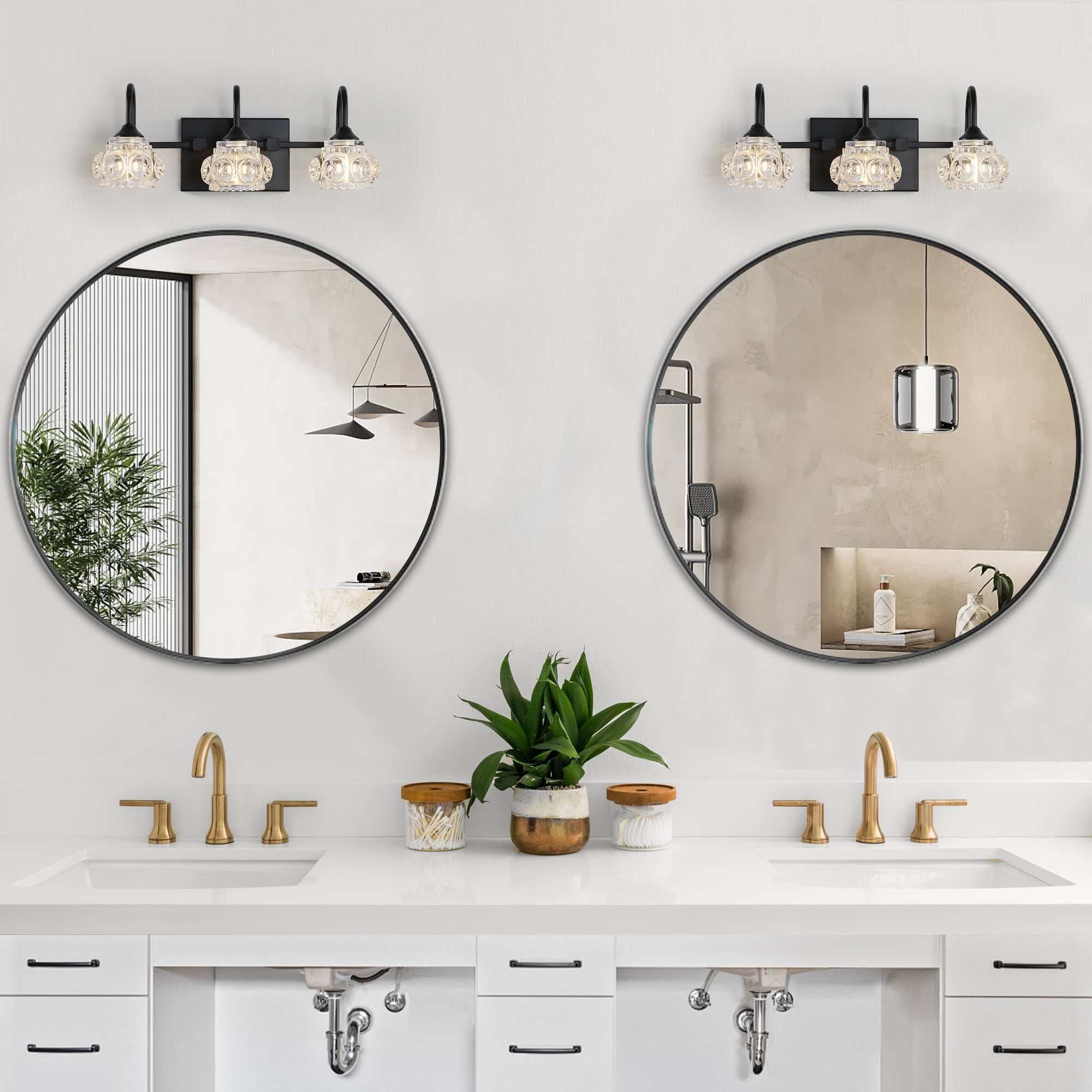 3-Light Bathroom Vanity Light, 17.3 Inch with Crystal Glass Shades, Dimmable, Matte Black Modern