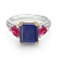 thumbnail image 2 of Gem Stone King 925 Sterling Silver and 10k Yellow Gold Blue Lapis and Red Created Ruby 3 Stone Engagement Ring for Women (4.05 Cttw, Emerald Cut Cut 10X8MM, Size 9), 2 of 4