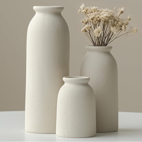 Ceramic Vase Set-3, Small Flower Vases for Decor, Modern  Farmhouse Style, Decorative Vases for Pampas Grass & Dried Flowers, Distressed Finish (Beige)