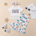 thumbnail image 3 of URMAGIC Toddler Baby Girl Clothes Bell Bottom Outfit Short Sleeve Letters Child Shirt American Flag Flare Pants Summer Clothes 1-5 Years, 3 of 11