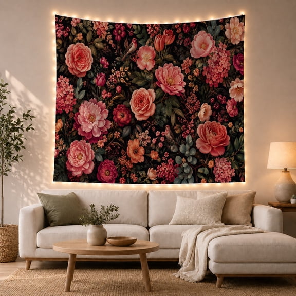 Peonies and Songbirds Among Lush Dark Foliage, Moody Vintage for Nature Lovers, Botanical Wall Art, Housewarming Gift, Tapestry Wall Hanging for Bedroom and Living Room