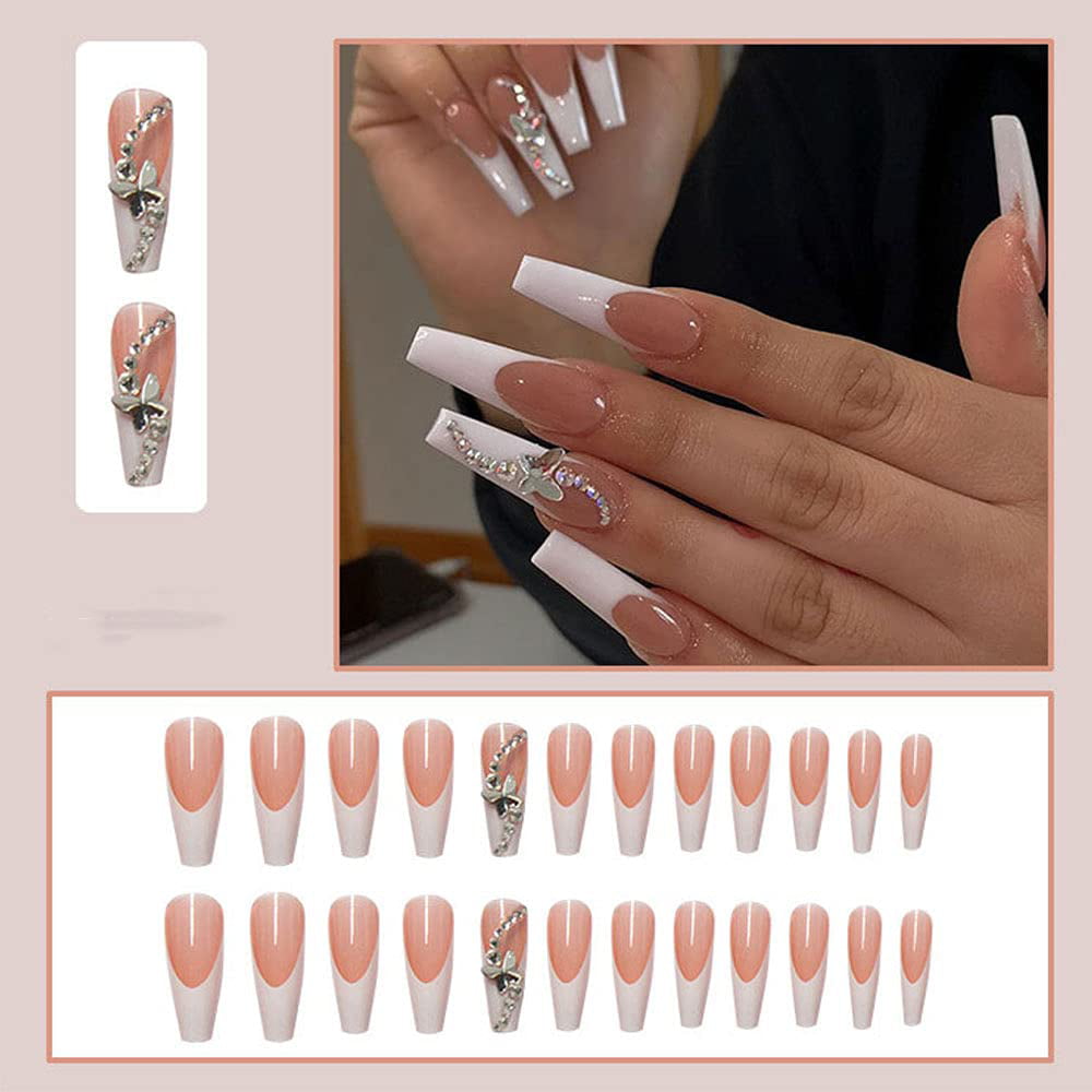 24Pcs Short Press on Nails Almond Nails French Tip Fake Nails with Glitter  Gold French Line Design Fashion Stick on Nails Nail Tip Glue on Nails  Glossy Acrylic Nails False Nails for
