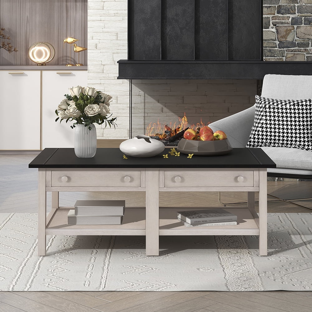 Resenkos Wooden Coffee Table with Open Styled Shelf Large Storage Space, Cocktail Table with Two Drawers for Living Room,Espresso & White